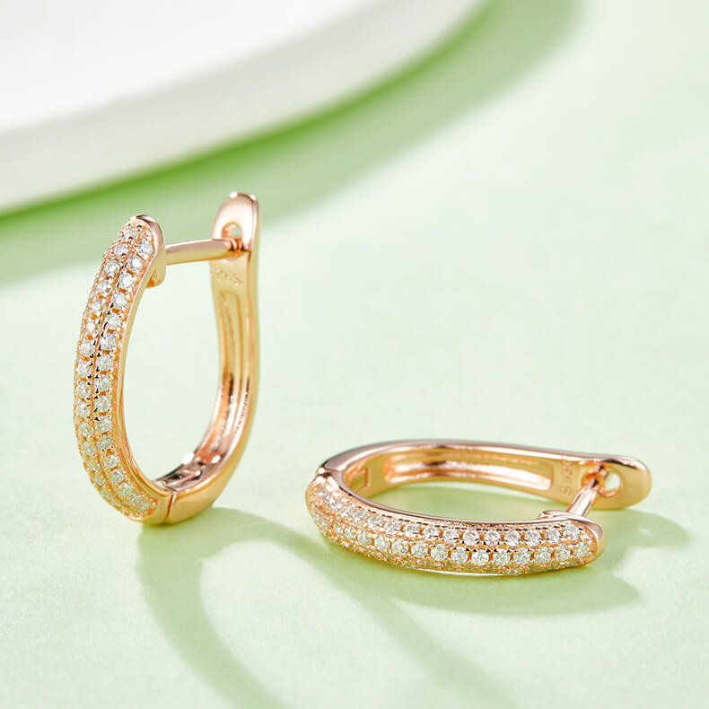 Half pave three rows Moissanite huggie hoop earrings stud