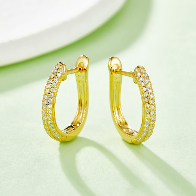 Half pave three rows Moissanite huggie hoop earrings stud