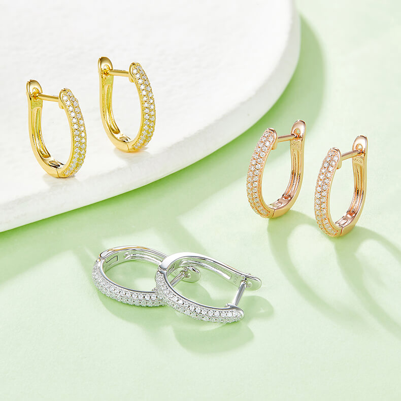 Half pave three rows Moissanite huggie hoop earrings stud