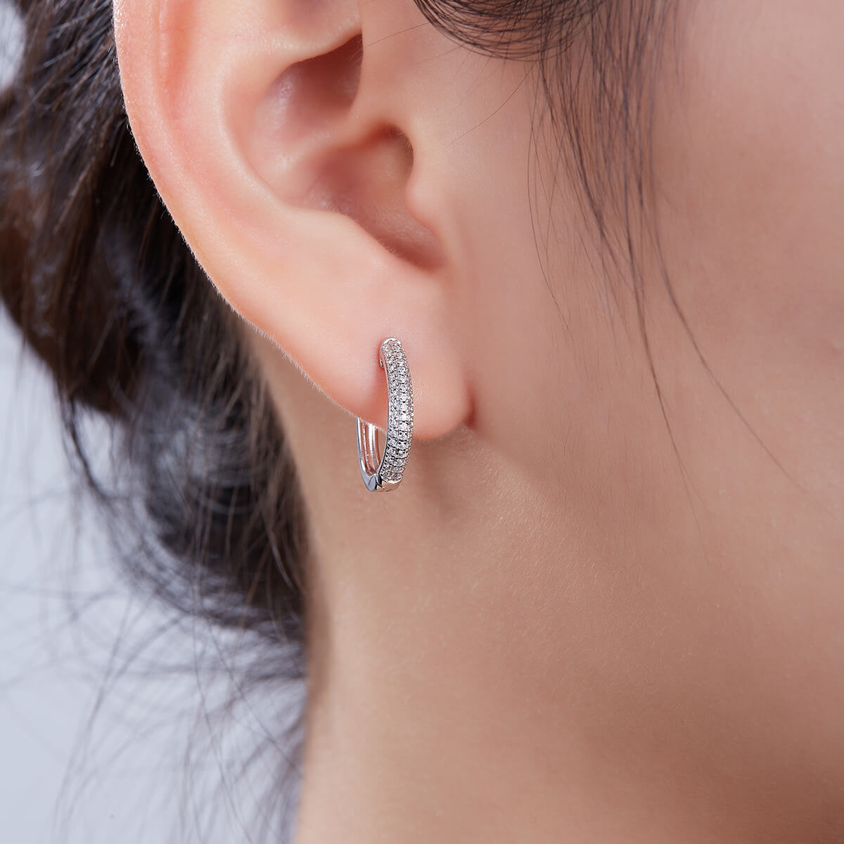 Half pave three rows Moissanite huggie hoop earrings stud