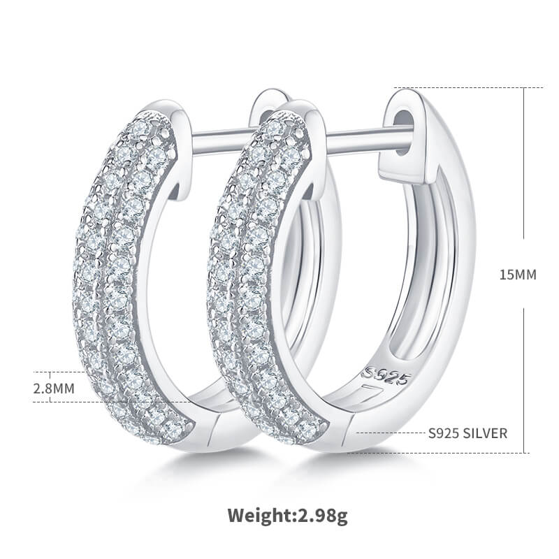 Half pave three rows Moissanite huggie hoop earrings stud