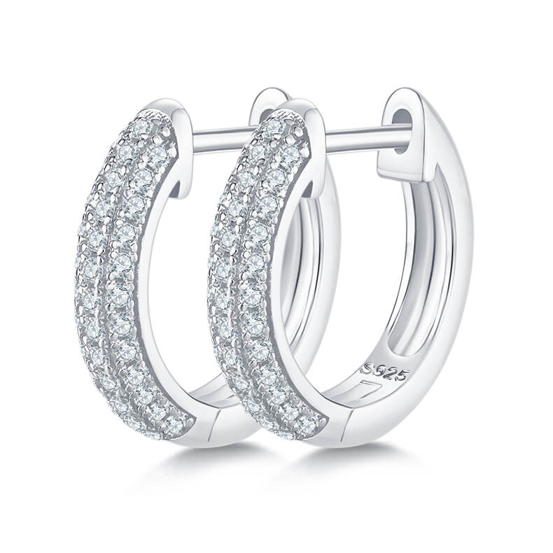 Half pave three rows Moissanite huggie hoop earrings stud