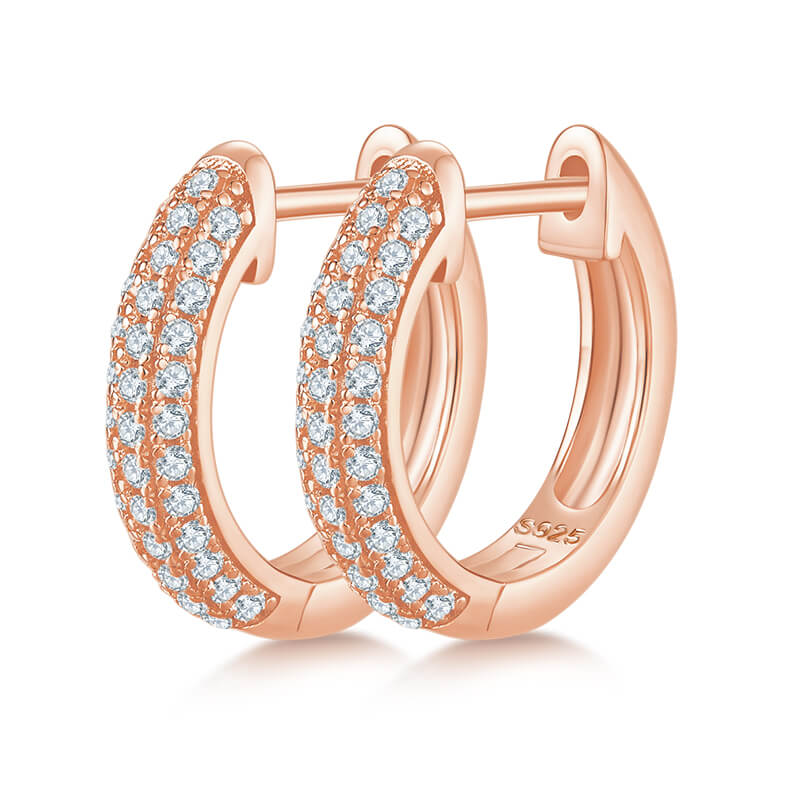 Half pave three rows Moissanite huggie hoop earrings stud