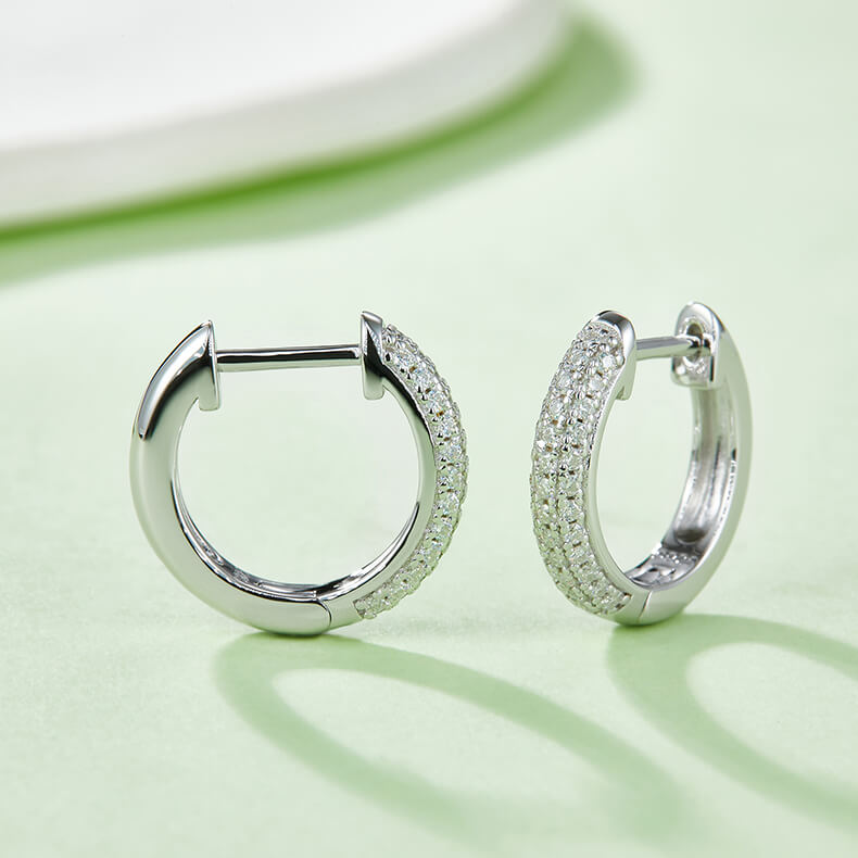 Half pave three rows Moissanite huggie hoop earrings stud