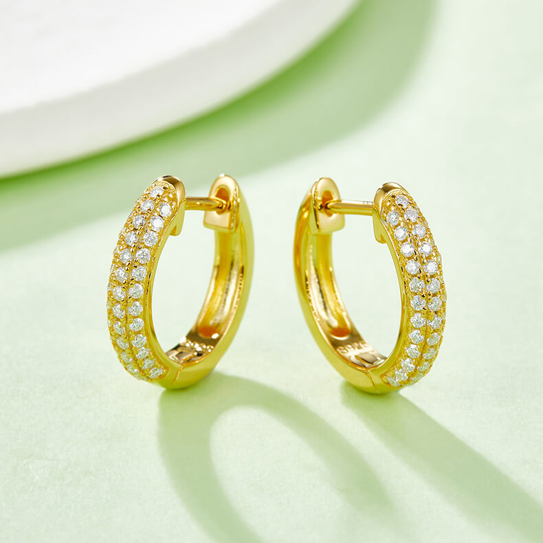 Half pave three rows Moissanite huggie hoop earrings stud