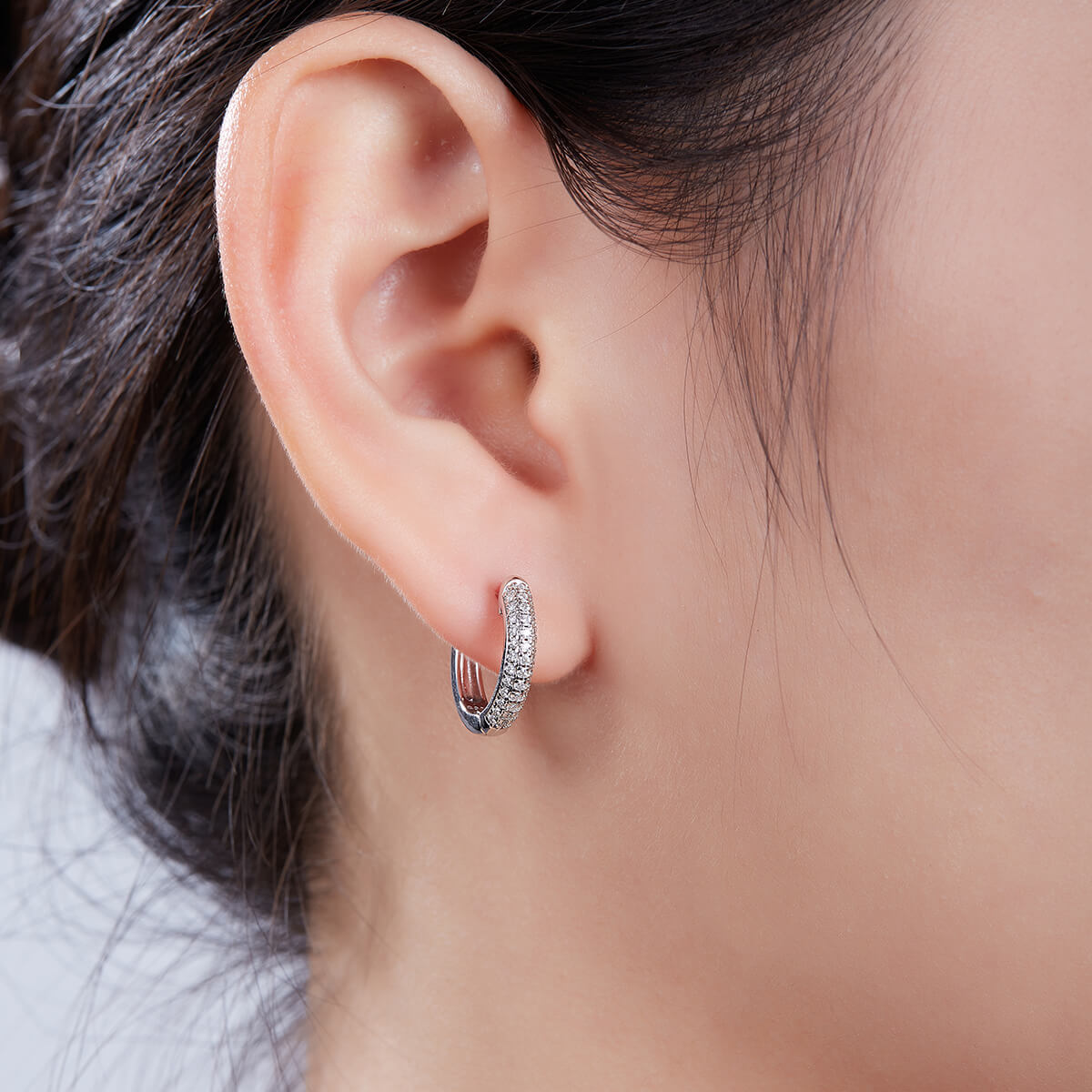 Half pave three rows Moissanite huggie hoop earrings stud