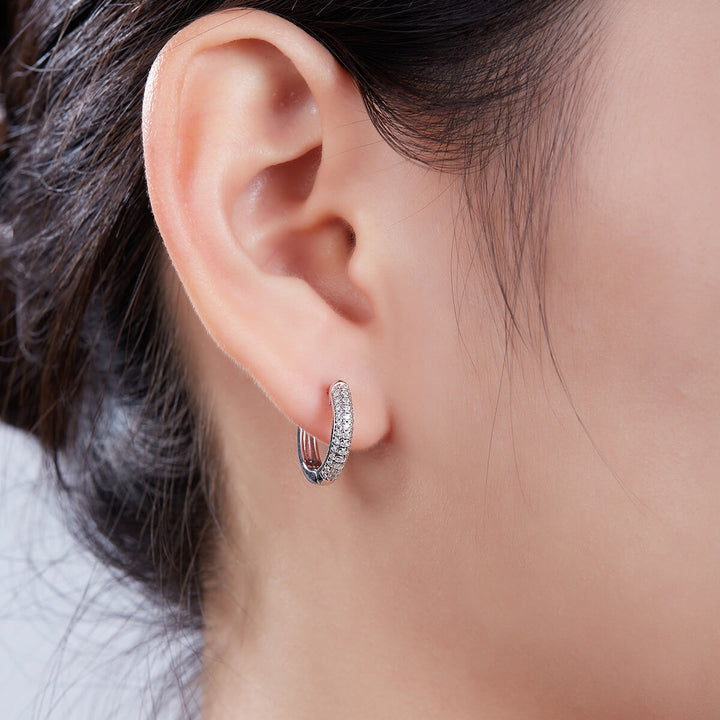 Half pave three rows Moissanite huggie hoop earrings stud