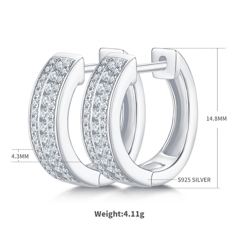 Half pave three rows Moissanite huggie hoop earrings stud