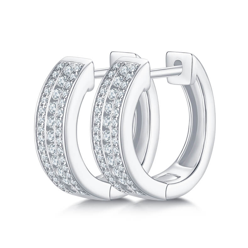 Half pave three rows Moissanite huggie hoop earrings stud