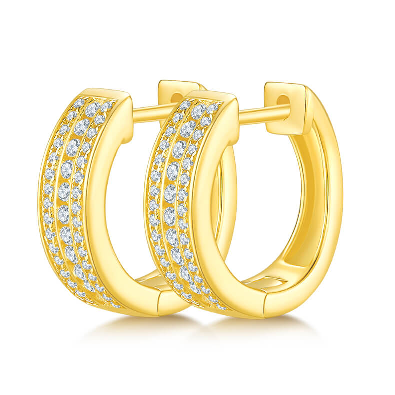 Half pave three rows Moissanite huggie hoop earrings stud