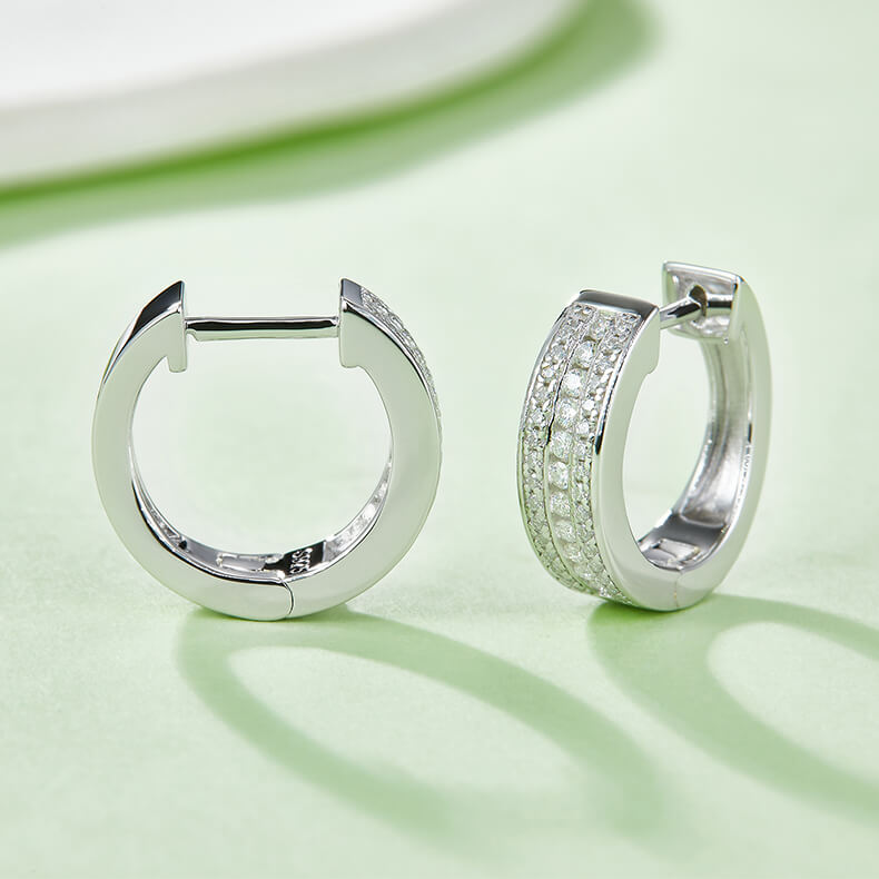 Half pave three rows Moissanite huggie hoop earrings stud