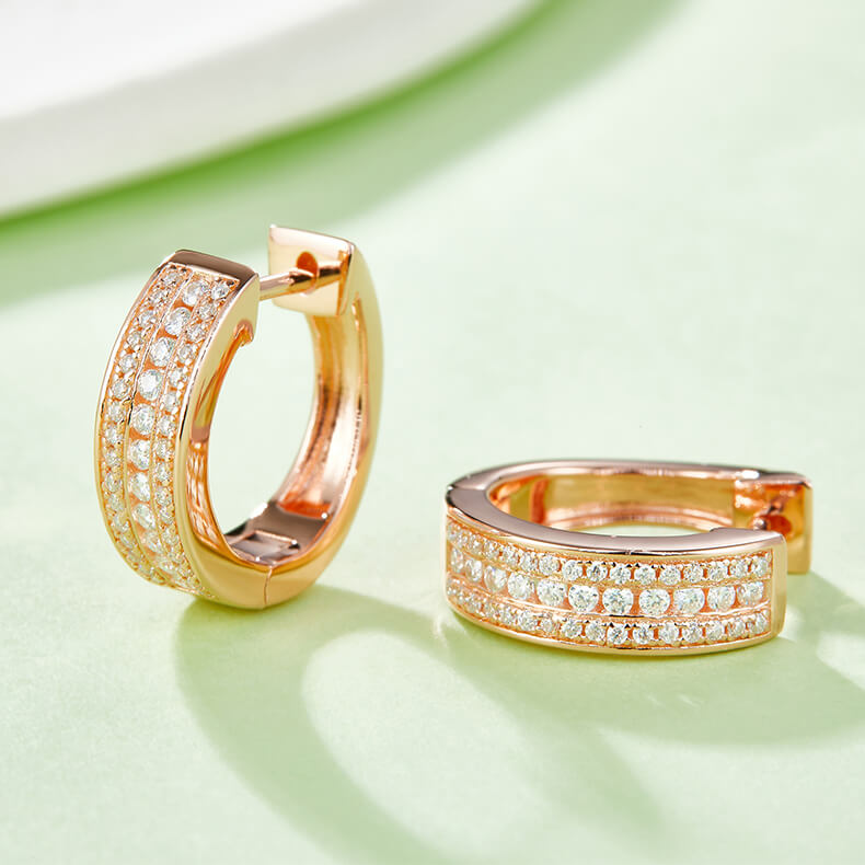 Half pave three rows Moissanite huggie hoop earrings stud