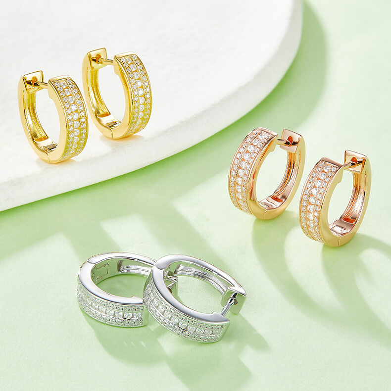 Half pave three rows Moissanite huggie hoop earrings stud