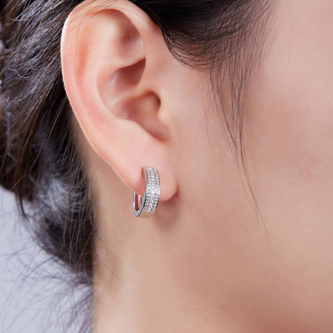 Half pave three rows Moissanite huggie hoop earrings stud