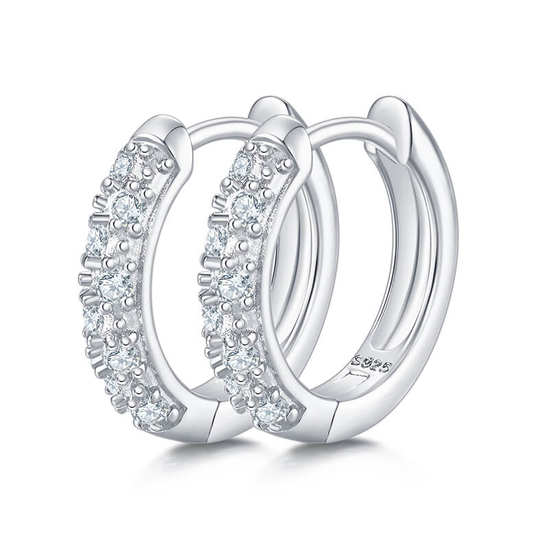 Half pave double rows Moissanite huggie hoop earrings stud
