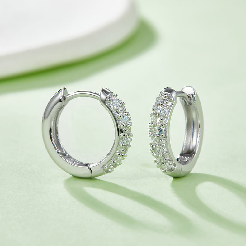 Half pave double rows Moissanite huggie hoop earrings stud