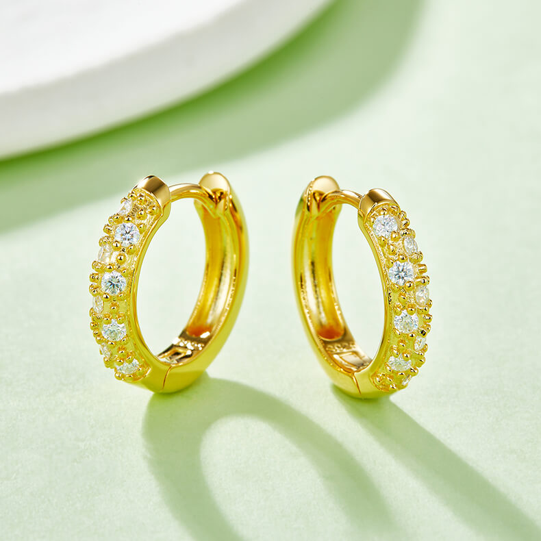 Half pave double rows Moissanite huggie hoop earrings stud