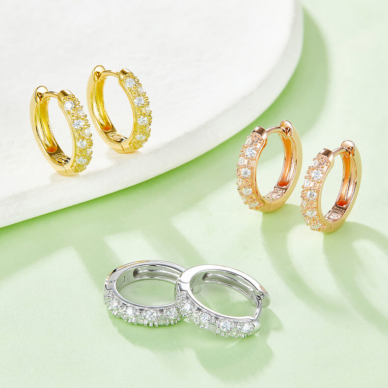 Half pave double rows Moissanite huggie hoop earrings stud