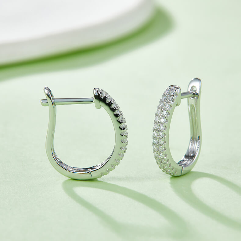 Half pave double rows Moissanite huggie hoop earrings stud