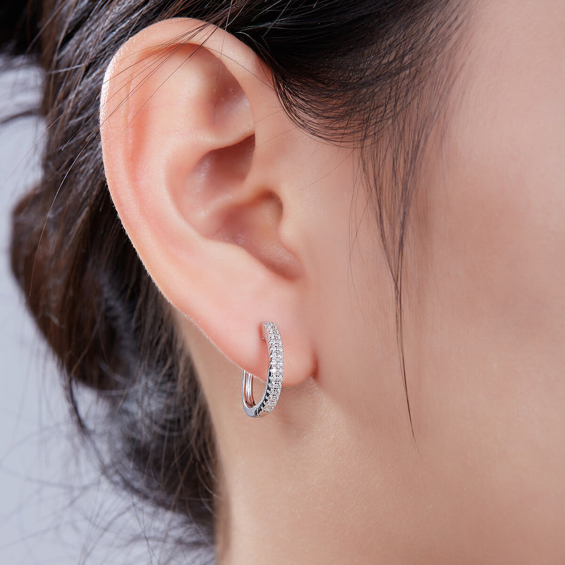 Half pave double rows Moissanite huggie hoop earrings stud