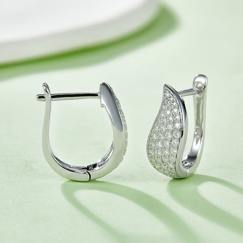 Half pave four rows Moissanite huggie hoop earrings stud