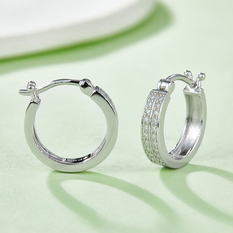 Half pave two rows Moissanite huggie hoop earrings stud