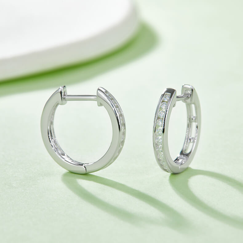 Half pave single row Moissanite huggie hoop earrings stud