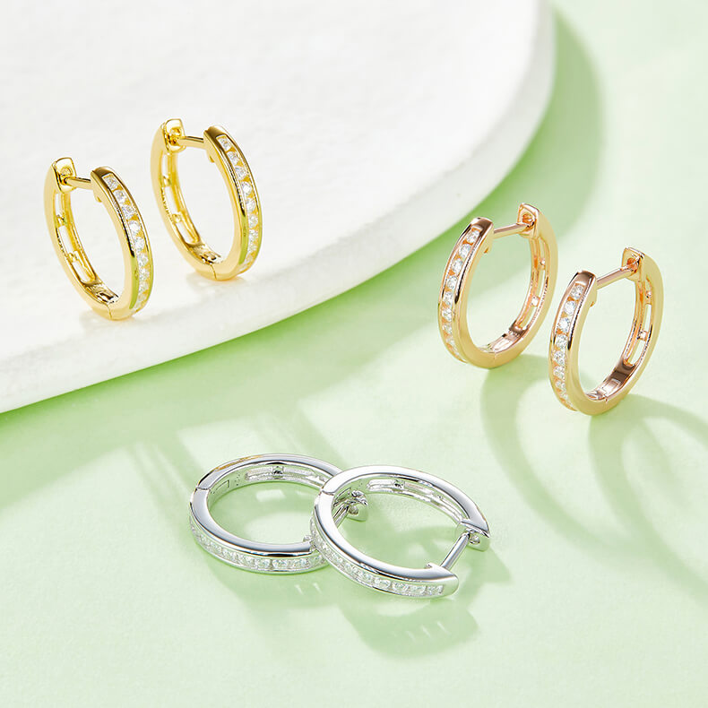 Half pave single row Moissanite huggie hoop earrings stud