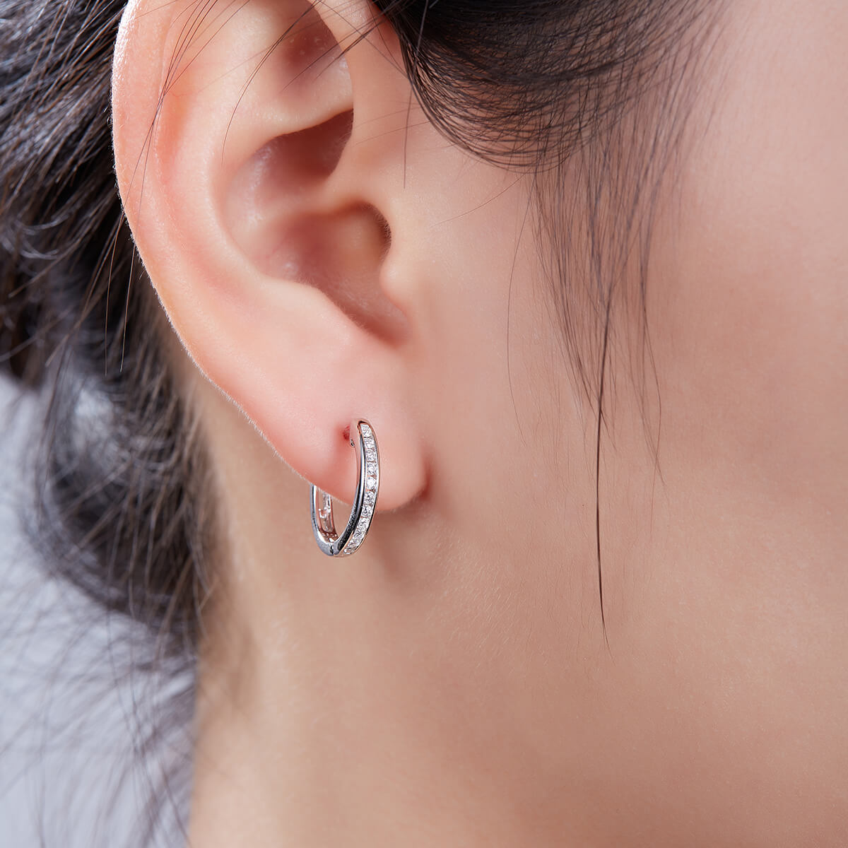 Half pave single row Moissanite huggie hoop earrings stud