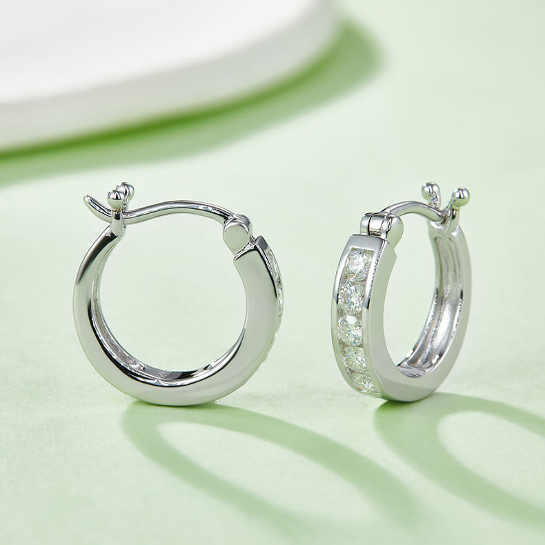 Half pave single row Moissanite huggie hoop earrings stud