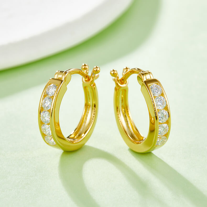 Half pave single row Moissanite huggie hoop earrings stud