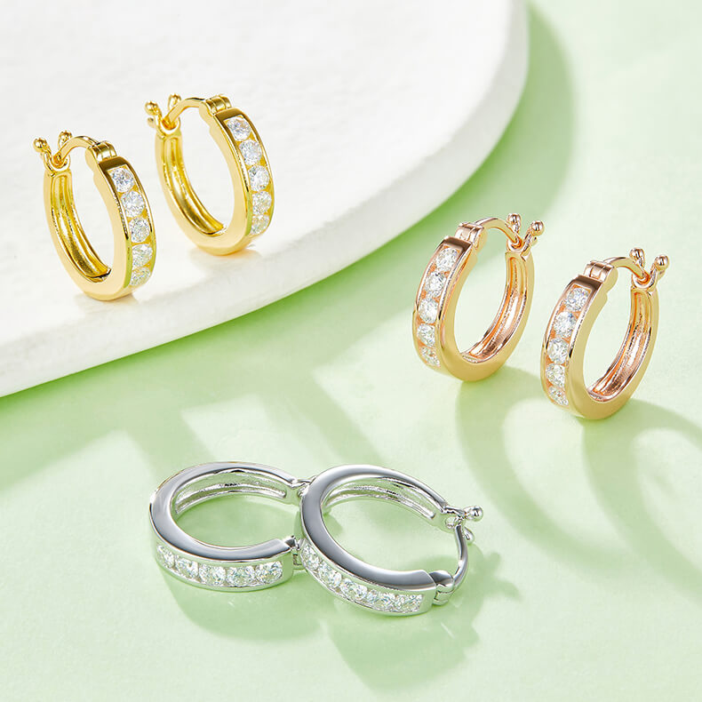 Half pave single row Moissanite huggie hoop earrings stud