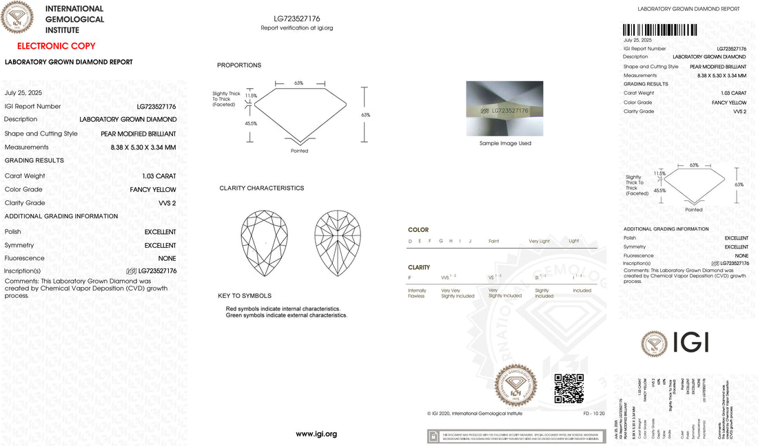 1.03ct VVS2 Pear Cut Lab Grown Yellow Diamond