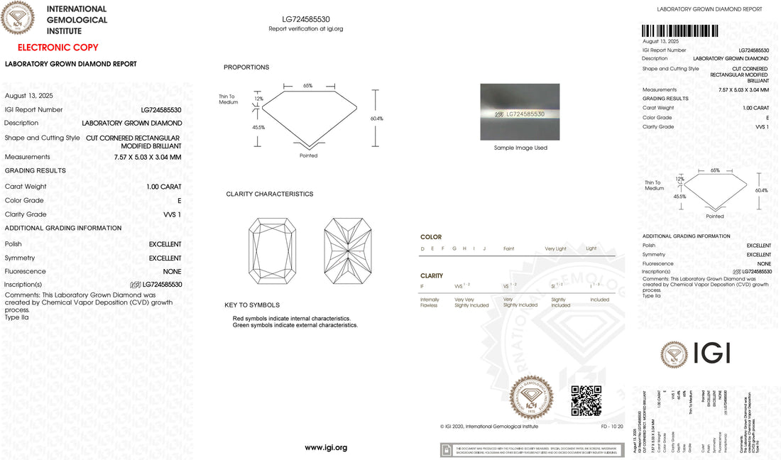 1.00ct E VVS1 Radiant Cut Lab Grown Diamond
