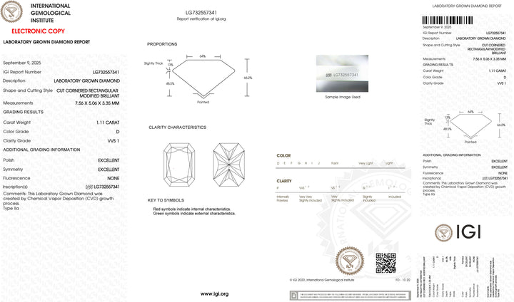 1.11ct D VVS1 Radiant Cut Lab Grown Diamond