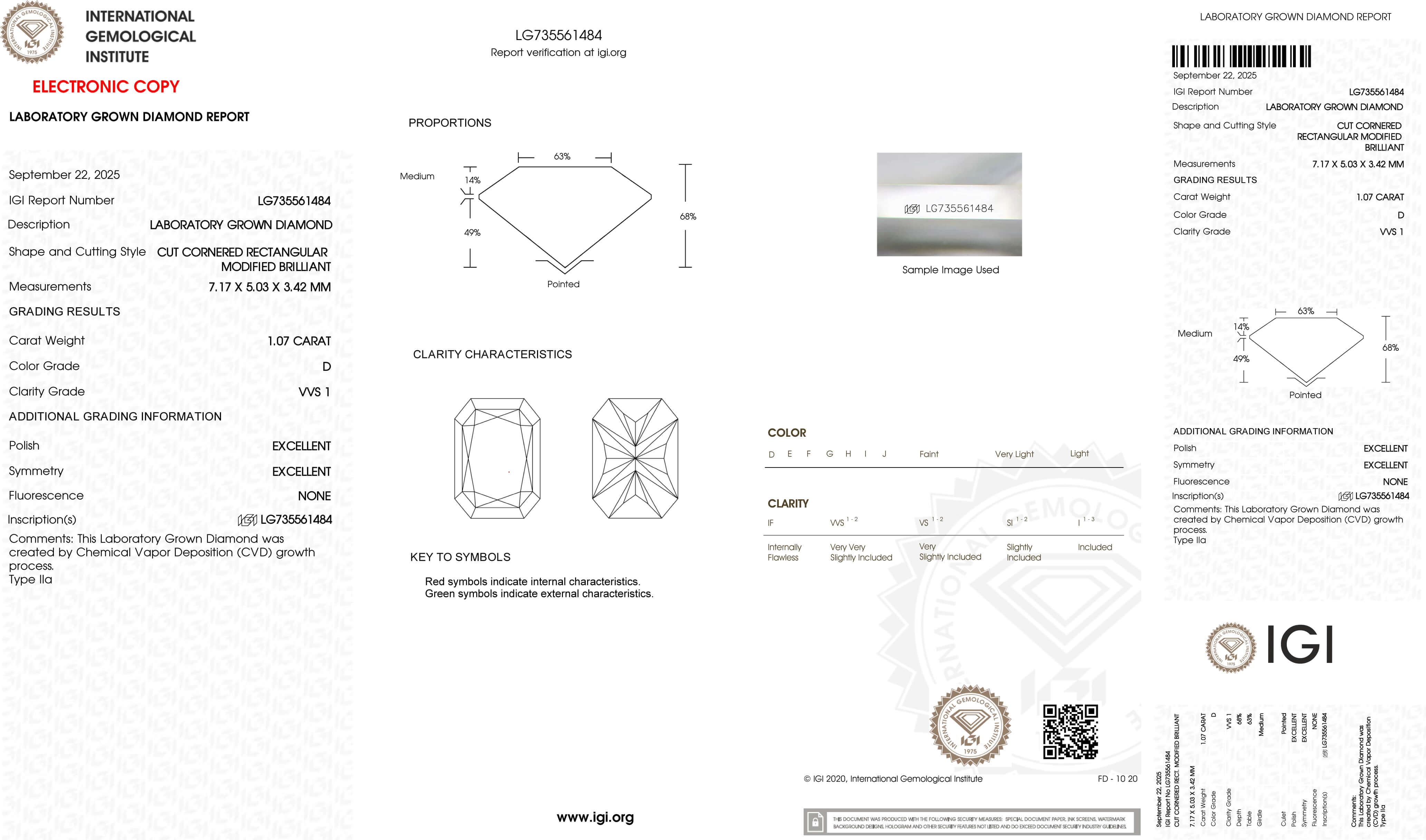 1.07ct D VVS1 Radiant Cut Lab Grown Diamond