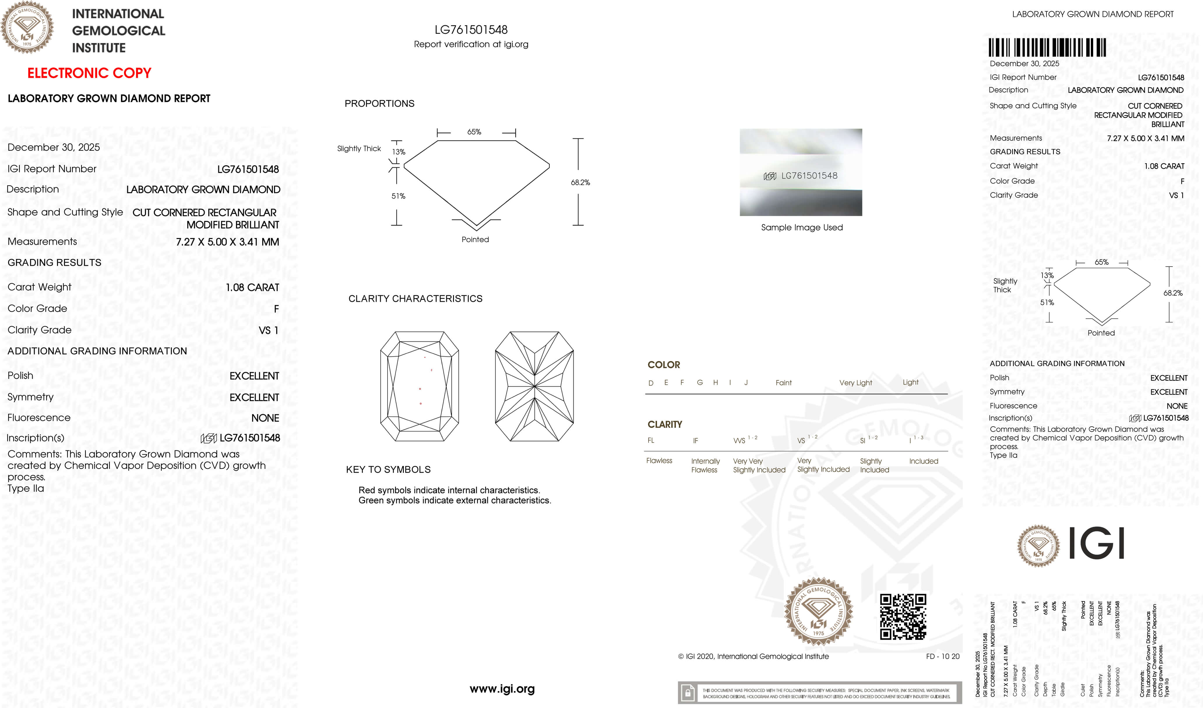 1.08ct F VS1 Radiant Cut Lab Grown Diamond