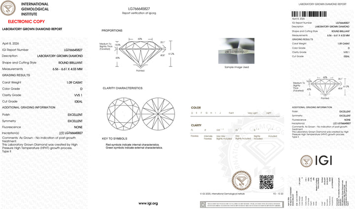 1.09ct D VVS1 Round Cut Lab Grown Diamond