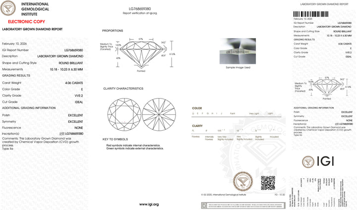 4.06ct E VVS2 Round Cut Lab Grown Diamond