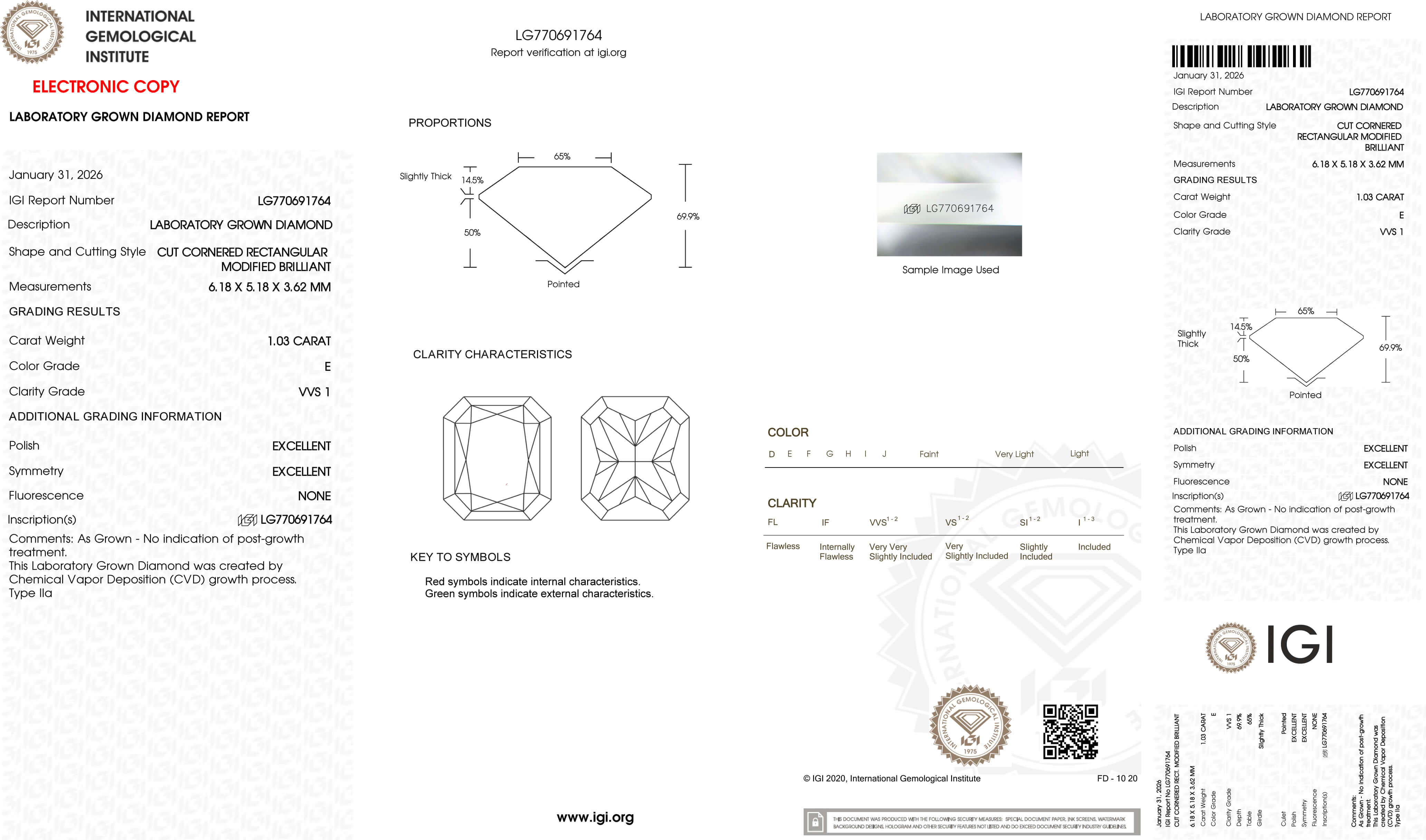 1.03ct E VVS1 Radiant Cut Lab Grown Diamond