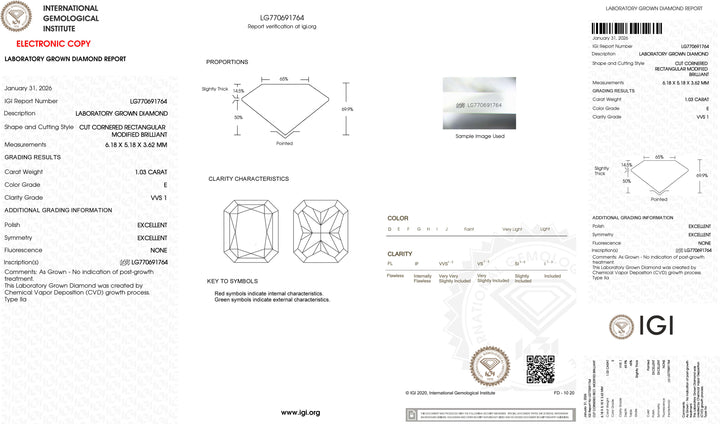 1.03ct E VVS1 Radiant Cut Lab Grown Diamond