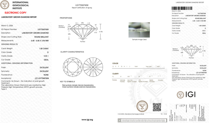 1.00ct D VVS1 Round Cut Lab Grown Diamond