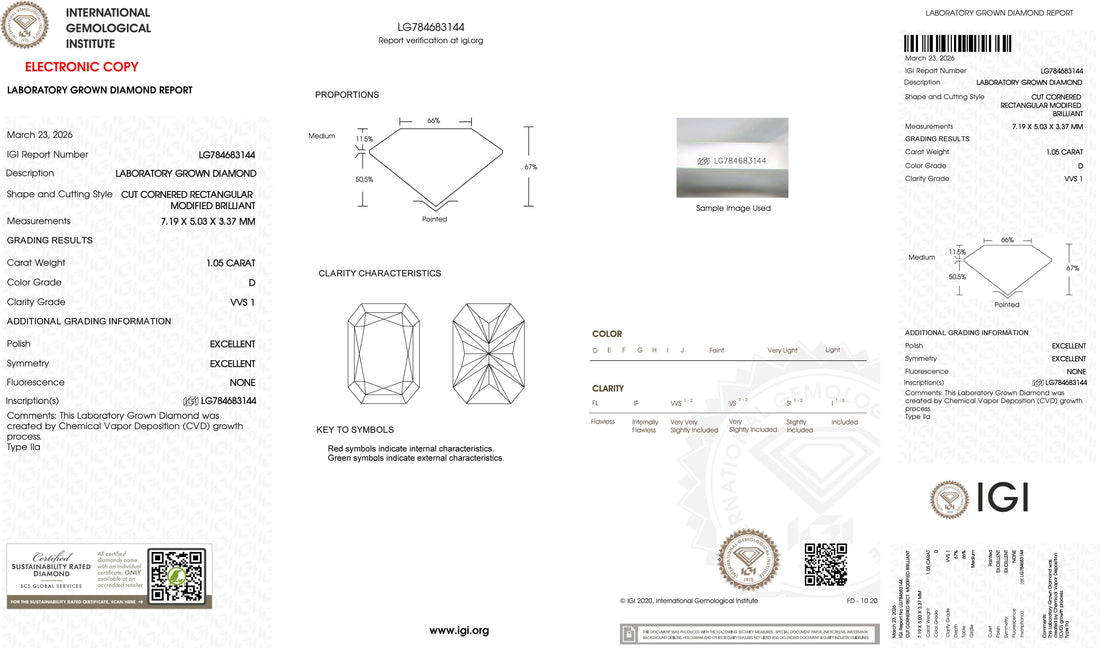 1.05ct D VVS1 Radiant Cut Lab Grown Diamond