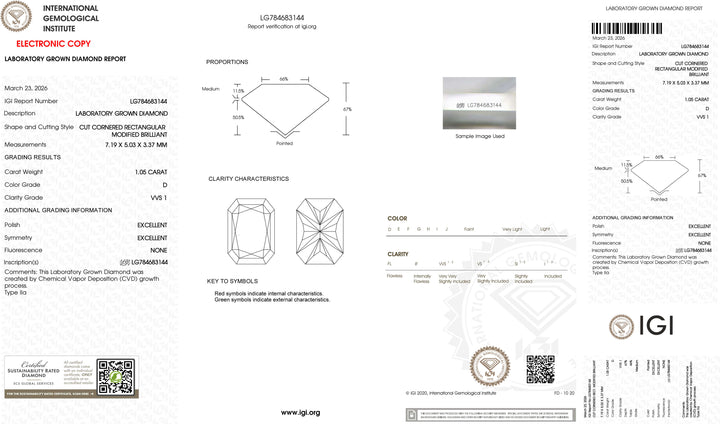 1.05ct D VVS1 Radiant Cut Lab Grown Diamond