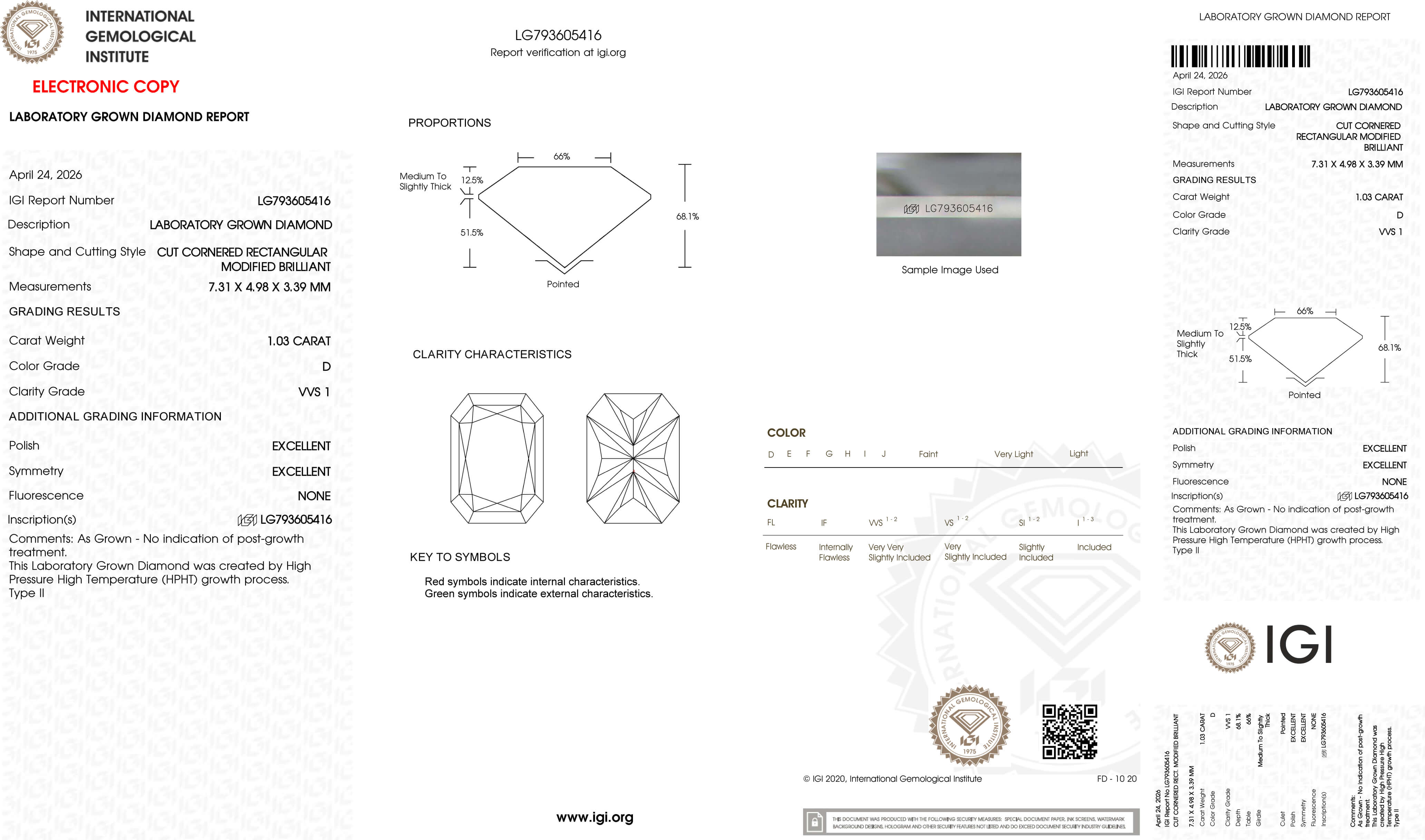 1.03ct D VVS1 Radiant Cut Lab Grown Diamond