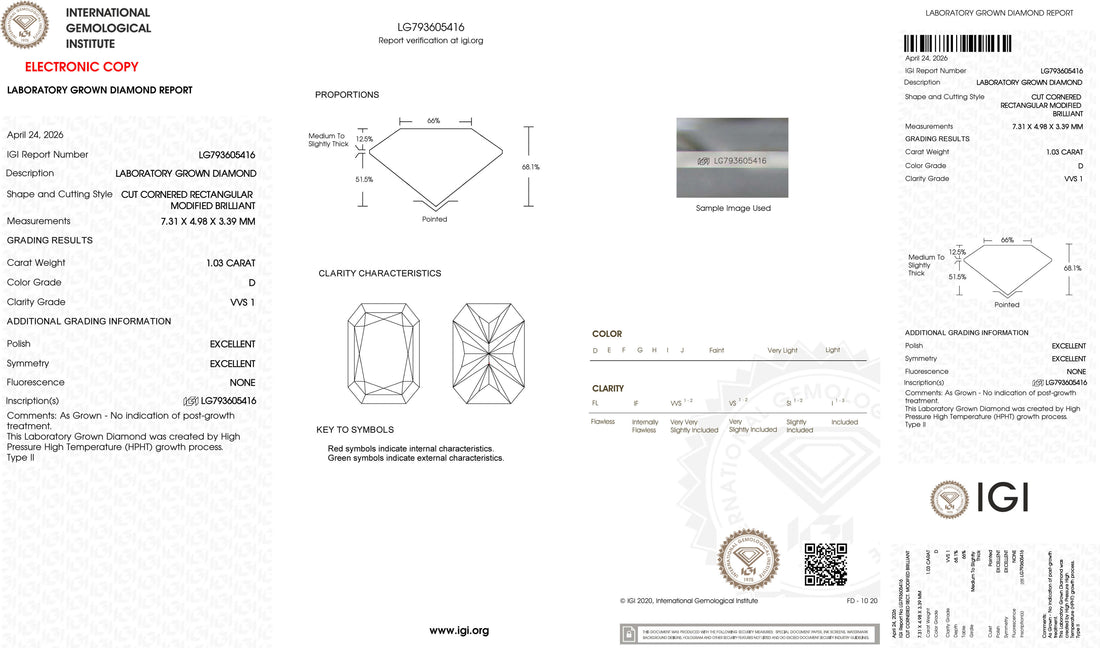 1.03ct D VVS1 Radiant Cut Lab Grown Diamond