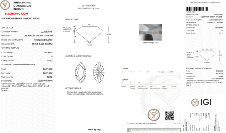 1.09ct D VVS2 Marquise Cut Lab Grown Diamond