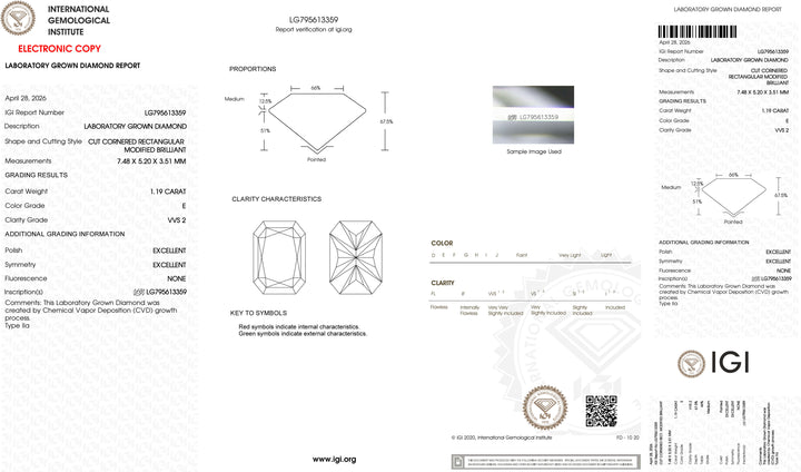1.19ct E VVS2 Radiant Cut Lab Grown Diamond