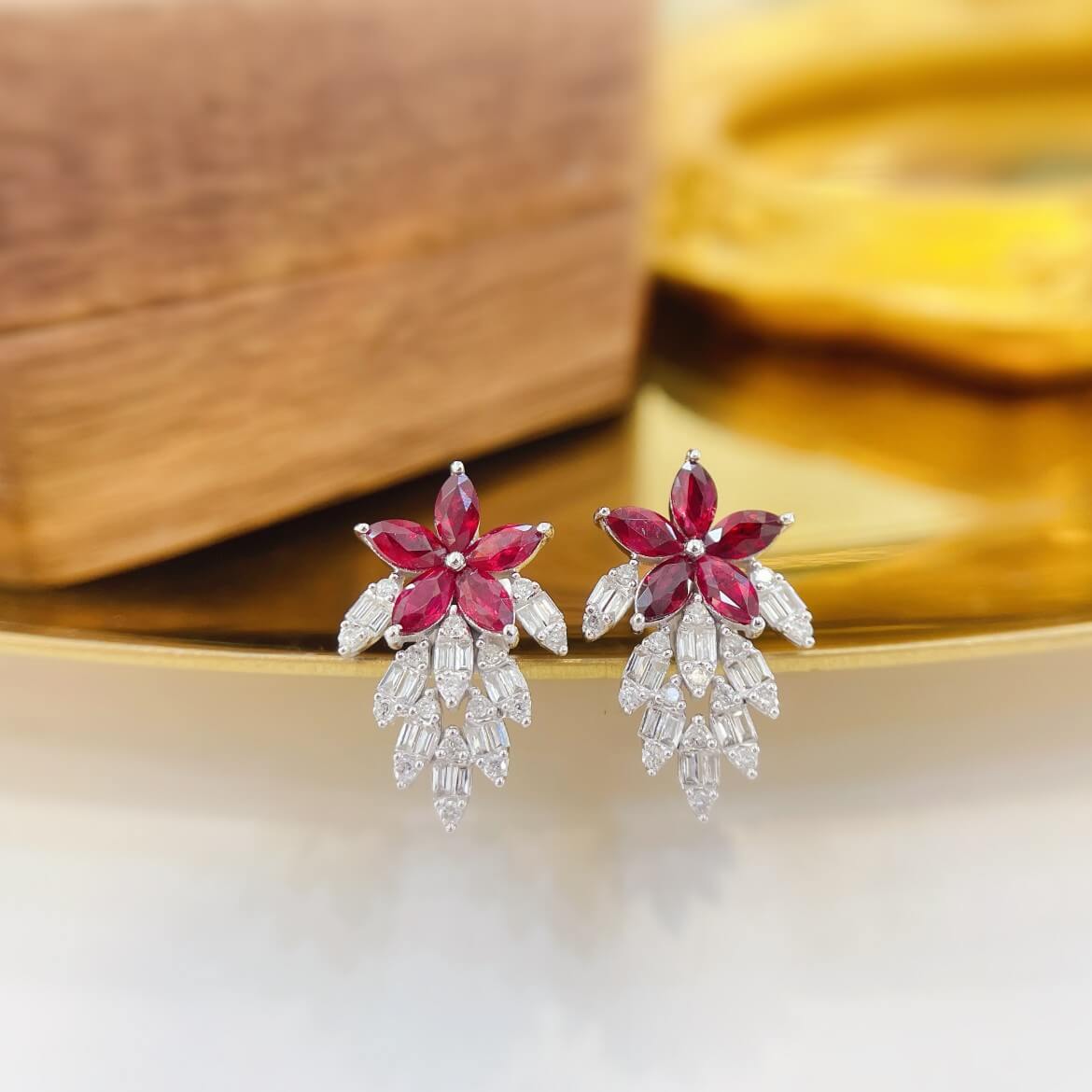 Leaves design marquise cut lab grown ruby earrings stud