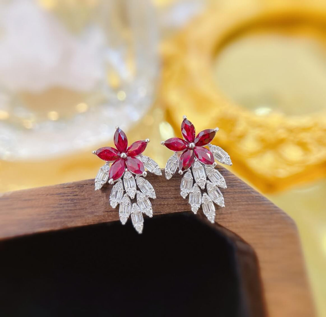 Leaves design marquise cut lab grown ruby earrings stud
